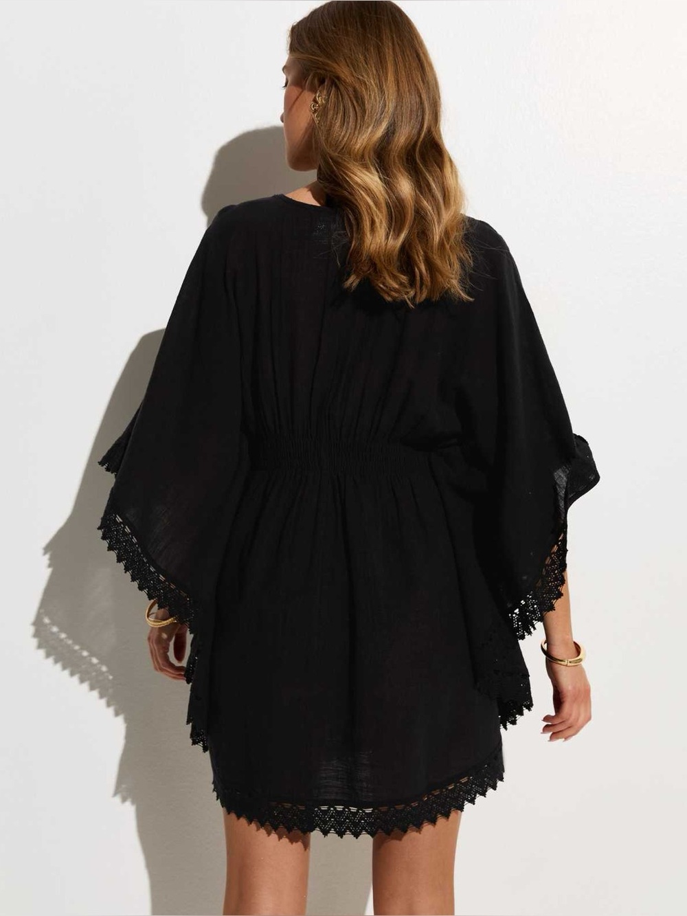 BLANCO 100% Cotton Boho Black Kimono Sleeve Tunic Dress Lace Accent Small - Picture 5 of 16